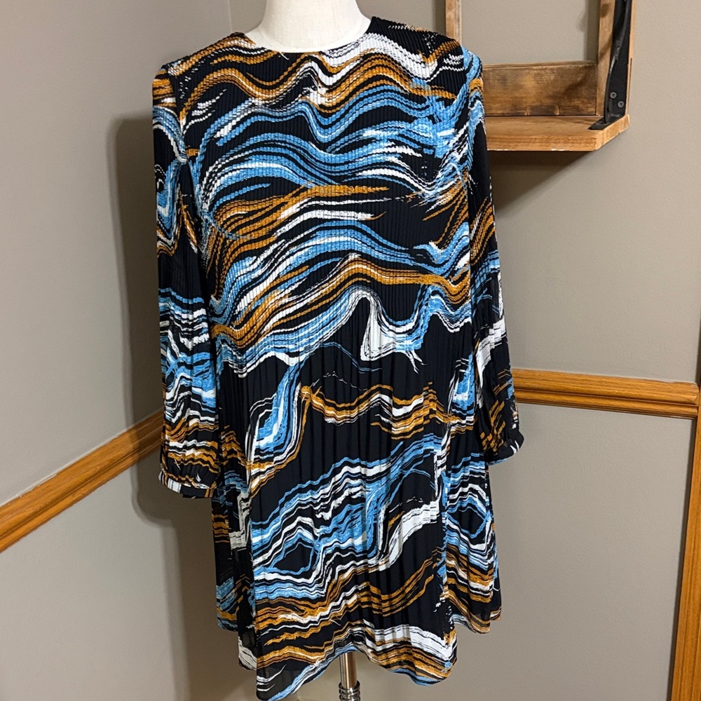 Nine West black, blue, & brown Abstract Wave Pattern long sleeve dress size M